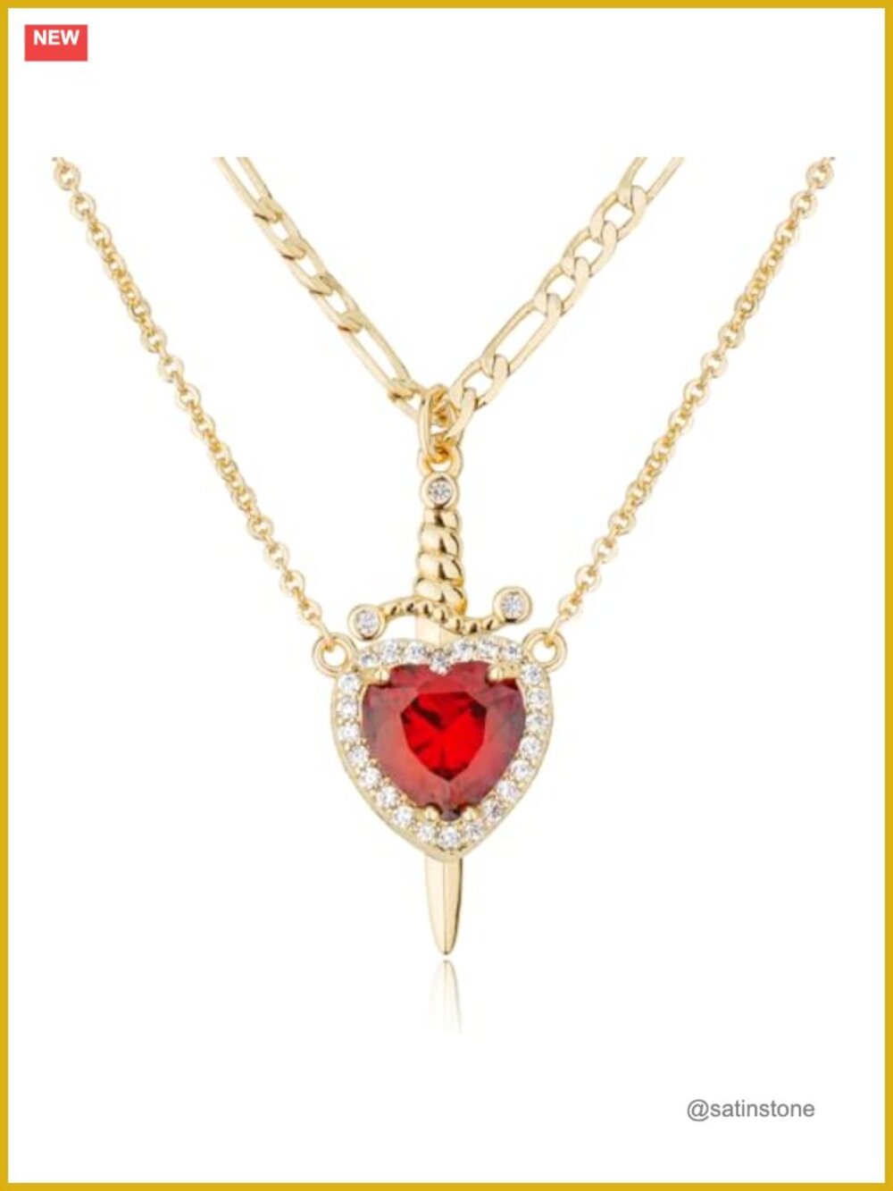 14k Gold Plated Sword Heart Necklace Set Cubic Zirconia Pendant